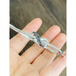 925 sterling silver 1/4 genuine black clear diamond infinity bangle Bracelet